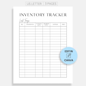 May include: A printable inventory tracker for lash trays. The tracker includes columns for SKU, description, in-stock quantity, reorder level, supplier, and price. The text "Lash Trays" is written in cursive at the top of the page.