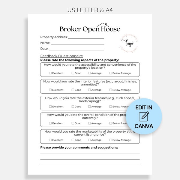 Real Estate Broker Open House Feedback Questionnaire Template, Printable Questionnaire for Open House, Editable Template for Realtor