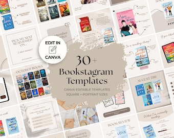 May include: A collection of over 30 Bookstagram templates, editable in Canva, in square and portrait sizes. The image features various book covers and social media post designs, with text overlays.