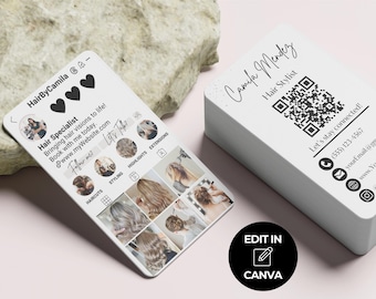 Szablon wizytówki na Instagramie, wizytówka z kodem QR Canva, niestandardowy szablon influencera DIY, modna karta do mediów społecznościowych DIY fryzjera