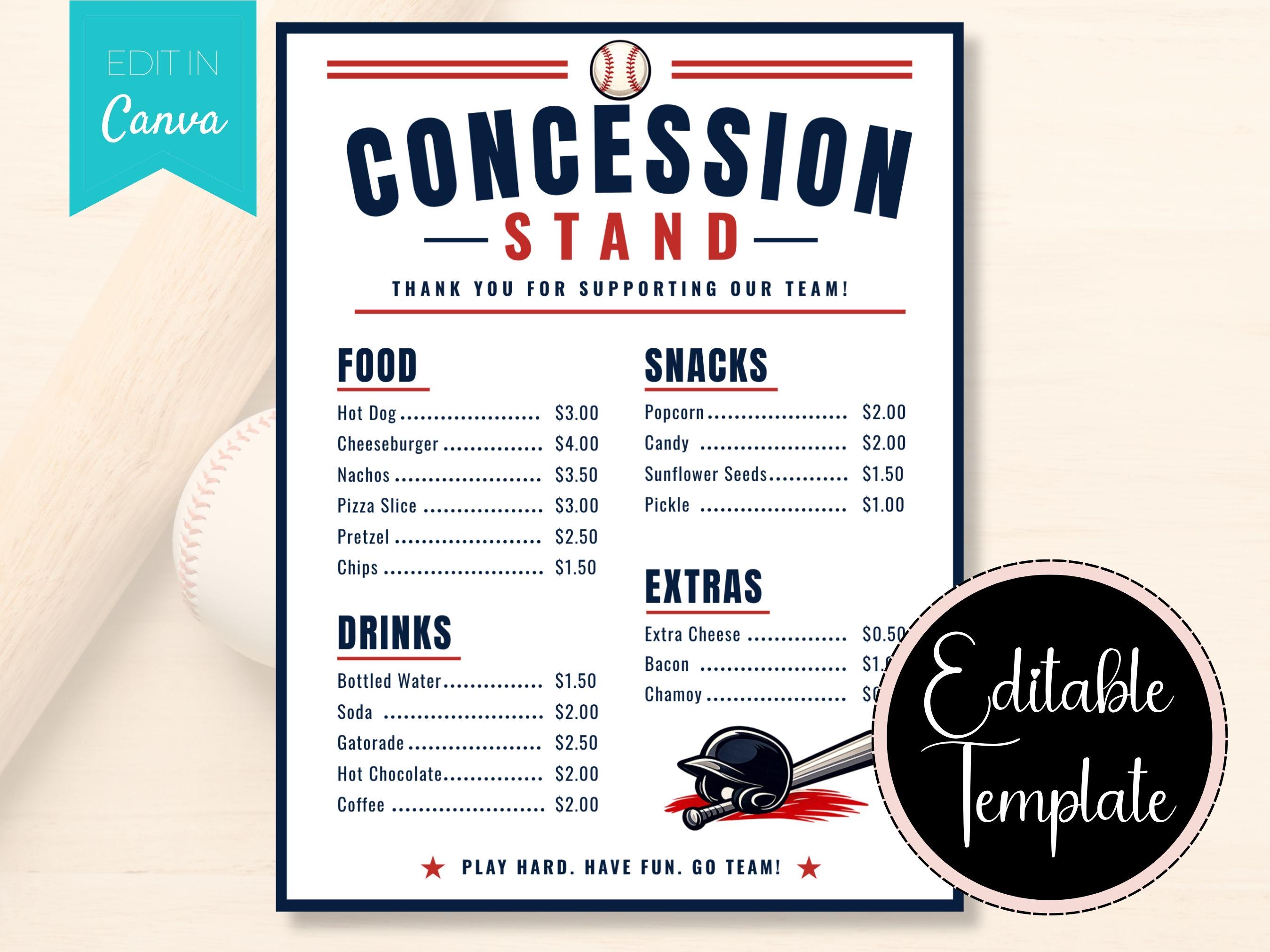 Concession Stand Menu Canva Template, Snack Sheet for Baseball Team ...