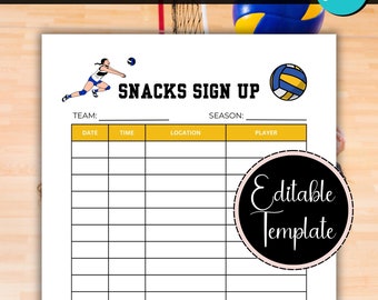 Gameday Snacks Sign Up Sheet, Snack Sign Up Sheet for Volleyball Team, Printable Template, Food Sign Up Sheet, Sports Team Snack Schedule
