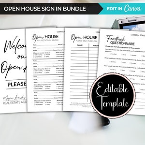May include: Black and white printable open house sign in bundle with editable templates for real estate agents. The sign in sheet includes fields for name, email, phone, where they heard about the open house, and contact method. The feedback questionnaire includes fields for rating the accessibility, interior features, exterior features, and overall condition of the property.