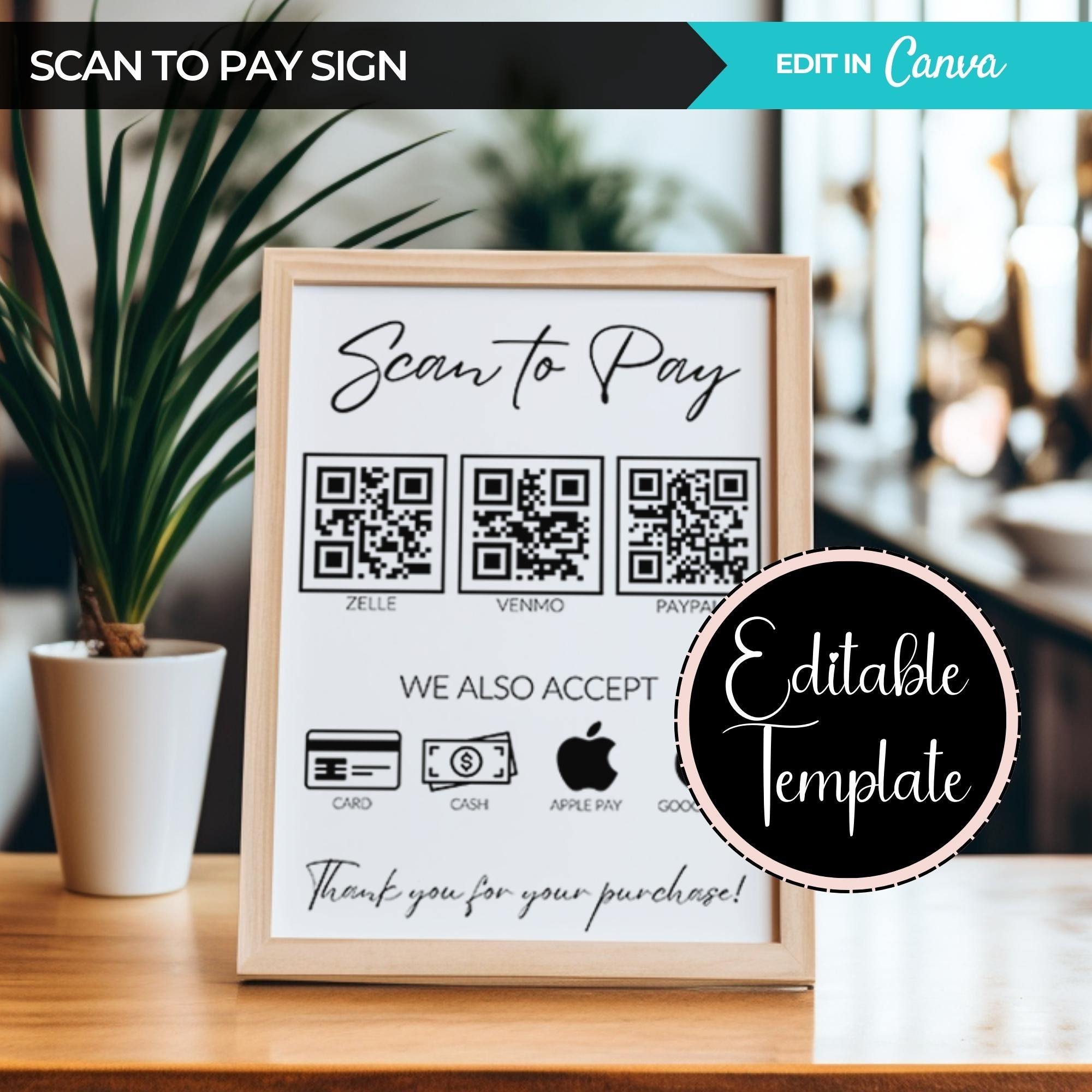 Editable Scan to Pay Template, QR Code Sign, Small Business Printable ...