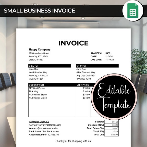 Small Business Google Sheets Invoice Template, Sales Invoice Pricing Template, Automated Editable Professional Business Invoice Printable