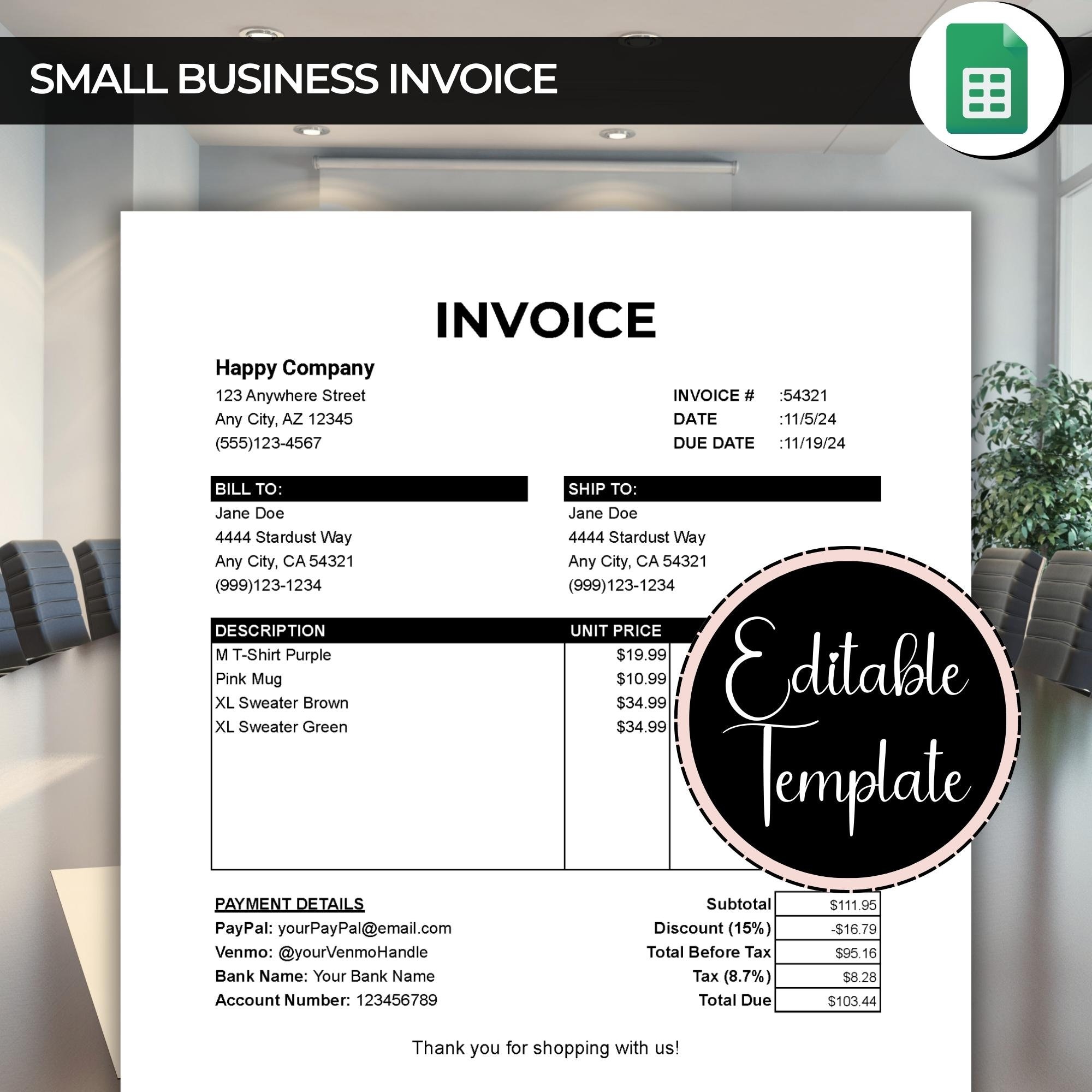 Small Business Google Sheets Invoice Template, Sales Invoice Pricing ...