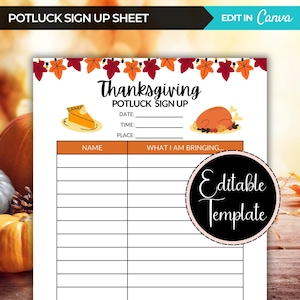 Thanksgiving Potluck Sign Up Sheet, Editable Canva Template, Printable Potluck List, Food Sign Up Sheets, Holiday Party Sign Up Sheets