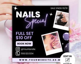 Nail Technician Instagram Flyer, DIY Nail Deal Post Template, Editable Canva Template for Nail Specials, Social Media Book Now Flyer, Nails