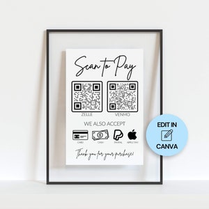 Puede incluir: Un cartel en blanco y negro con el texto "Scan to Pay" y dos códigos QR etiquetados como "Zelle" y "Venmo". El cartel también incluye el texto "We also accept" e iconos para tarjeta, efectivo, PayPal y Apple Pay. El cartel termina con el texto "Thank you for your purchase!" y un círculo azul con el texto "Edit in Canva".