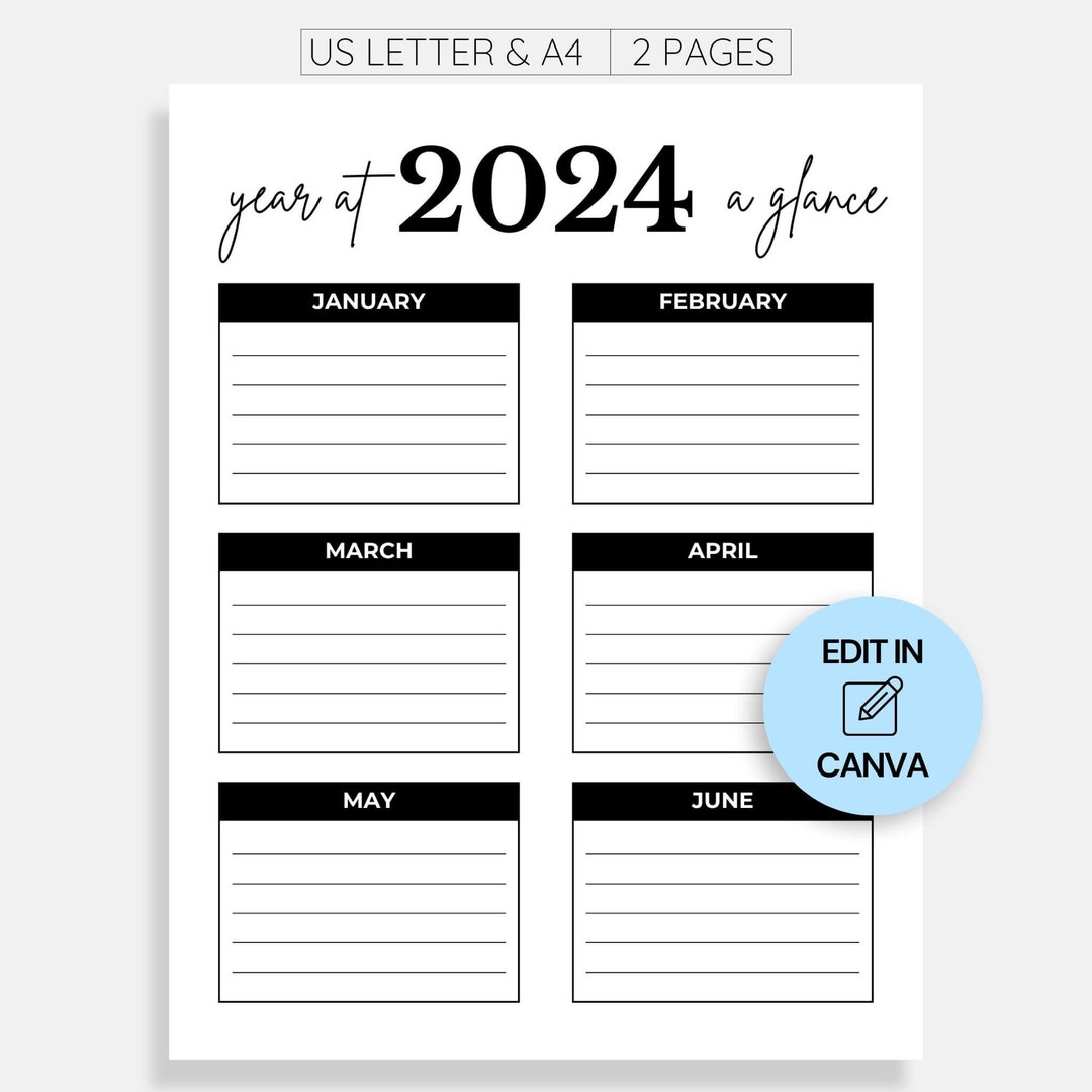 Year at a Glance 2024 Calendar Printable, 2 Page Yearly Calendar for ...