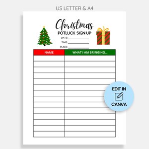 May include: Printable Christmas potluck sign up sheet with a red and green color scheme. The sheet has a Christmas tree and a gift box graphic. The text on the sheet says "Christmas Potluck Sign Up".