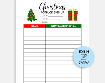 Könnte beinhalten: Druckbare Weihnachts-Potluck-Anmeldeliste mit rotem und grünem Farbschema. Das Blatt hat einen Weihnachtsbaum und eine Geschenkbox als Grafik. Der Text auf dem Blatt lautet "Christmas Potluck Sign Up".