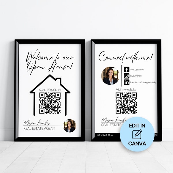 Real Estate Broker Open House Signs w/ QR Code, QR Code Sign Template, Social Media Sign, Open House Welcome Sign, Realtor Editable Template