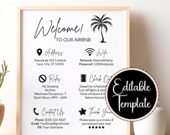 Airbnb Welcome Sign Beach Theme, Editable Canva Template for Airbnb Host, Vacation Rental Printable, Guest Arrival Poster, Template for VRBO