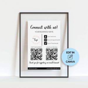 Sociale media QR-code tekensjabloon, tekensjablonen voor kleine bedrijven, bewerkbaar Maak contact met ons Teken afdrukbaar, laten we sociaal teken krijgen, volg ons