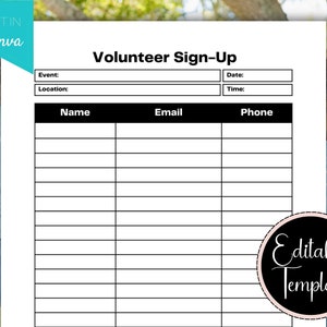 Folha de inscrição de voluntários editável, modelo de inscrição para impressão, folha de inscrição preenchível para eventos, folhas de inscrição de eventos, lista de voluntariado em PDF