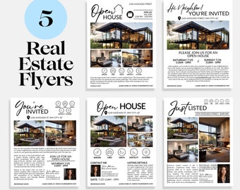 Op de afbeelding: Vijf makelaarsflyers met zwarte en witte tekst en afbeeldingen van moderne huizen. De flyers bevatten contactgegevens, data en tijden voor open huizen. De tekst op de flyers bevat de woorden "Open House", "Just Listed" en "You're Invited".