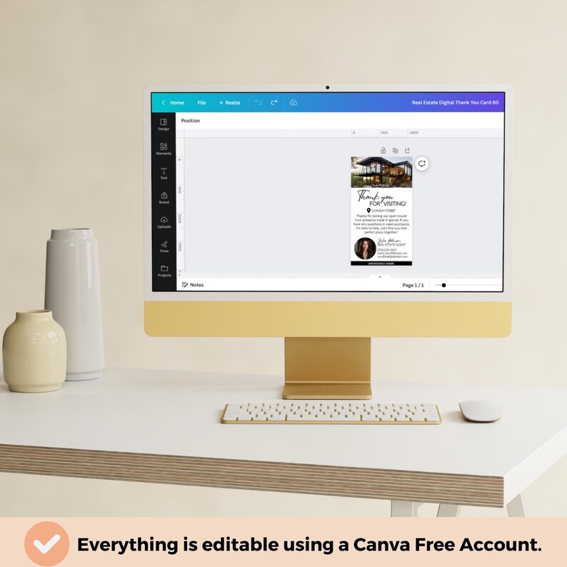 May include: A computer screen showing a Canva design template for a real estate thank you card. The card features a photo of a modern house with a blue sky and green trees in the background. The text on the card reads "Thank you for visiting." The card also includes the real estate agent's name and contact information.