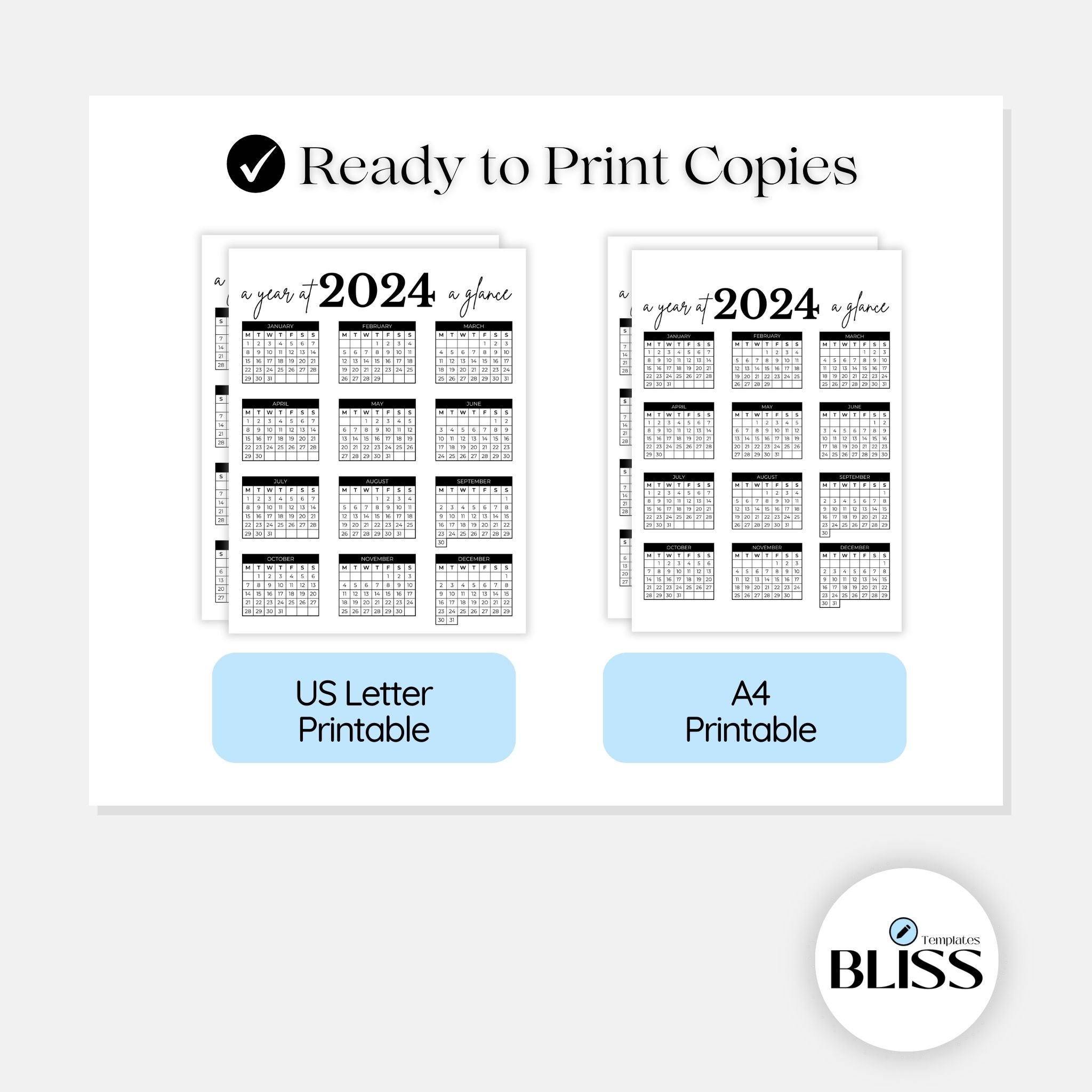 Year at a Glance 2024 Calendar Printable, Editable Yearly Calendar for