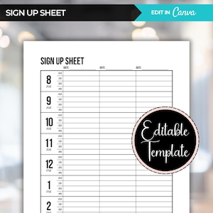 Sign Up Sheet with Time Column, Client Appointment Tracker with 15 Minute Intervals, Editable Canva Template, Printable Appointment Sheet