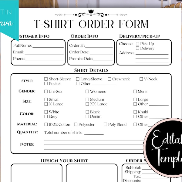 Apparel Order Form, Editable Clothing Order Form, T Shirt Order Form, Printable New Shirt Order Template, Canva Templates for Businesses