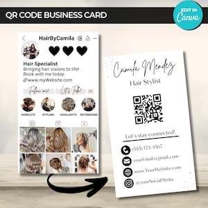 Instagram Visitenkarte Vorlage, QR Code Visitenkarte Canva, DIY Influencer Custom Template, DIY Hair Stylist Minimalist Social Media Card