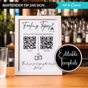Signo de punta de camarero Zelle, signo de código QR, plantilla de signo de tarro de punta editable, plantilla de signo de código QR imprimible Canva, signo de código QR Venmo