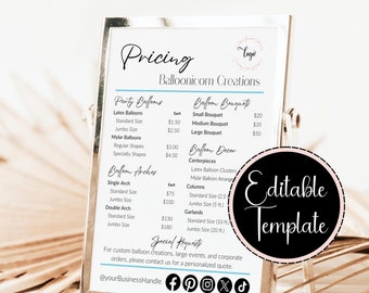 Custom Balloon Price List, Balloon Arrangement Price List, Editable Canva Template, Balloon Menu, Balloon Artist Custom Pricing Guide