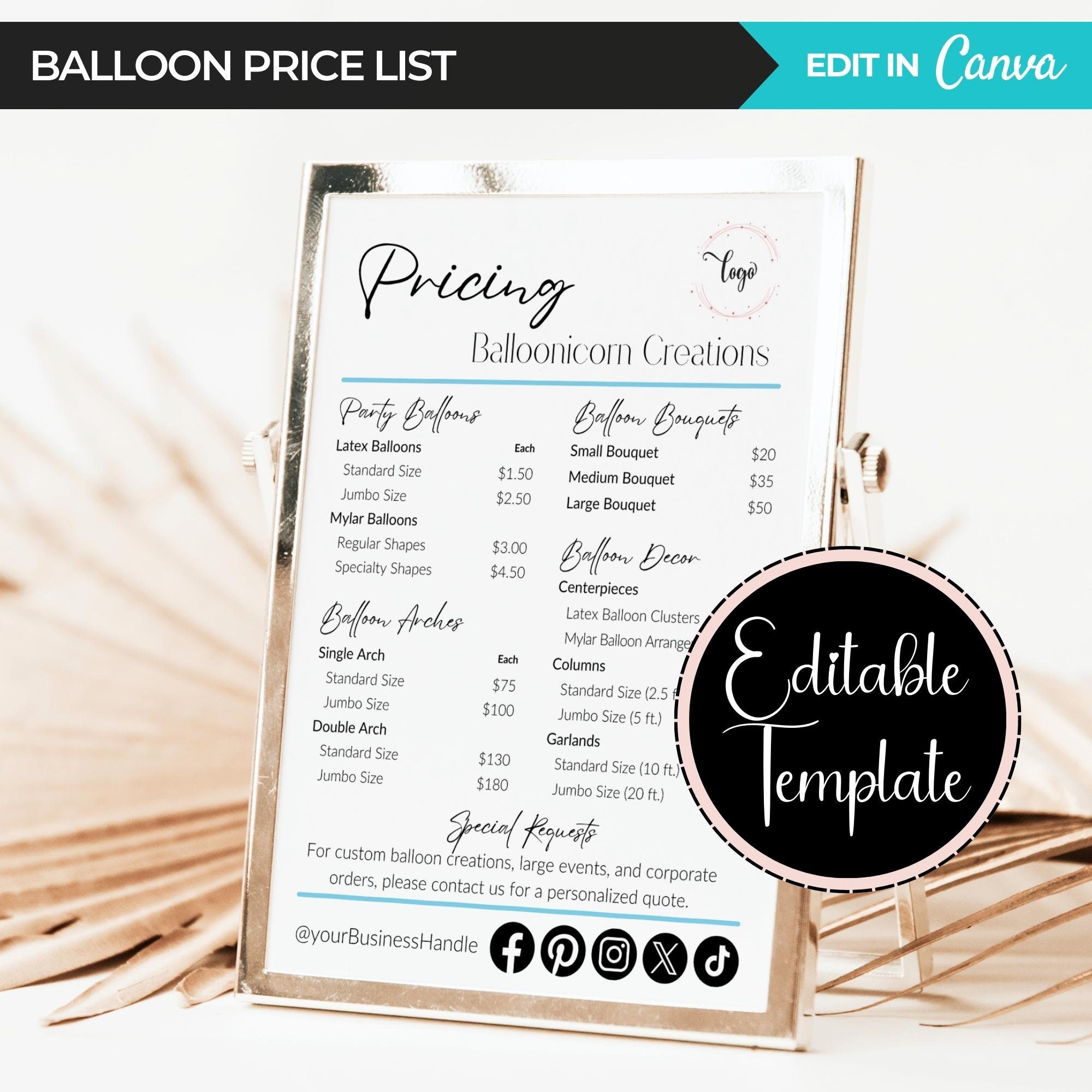 Custom Balloon Price List, Balloon Arrangement Price List, Editable Custom Balloon Price List, Balloon Arrangement Price List, Editable