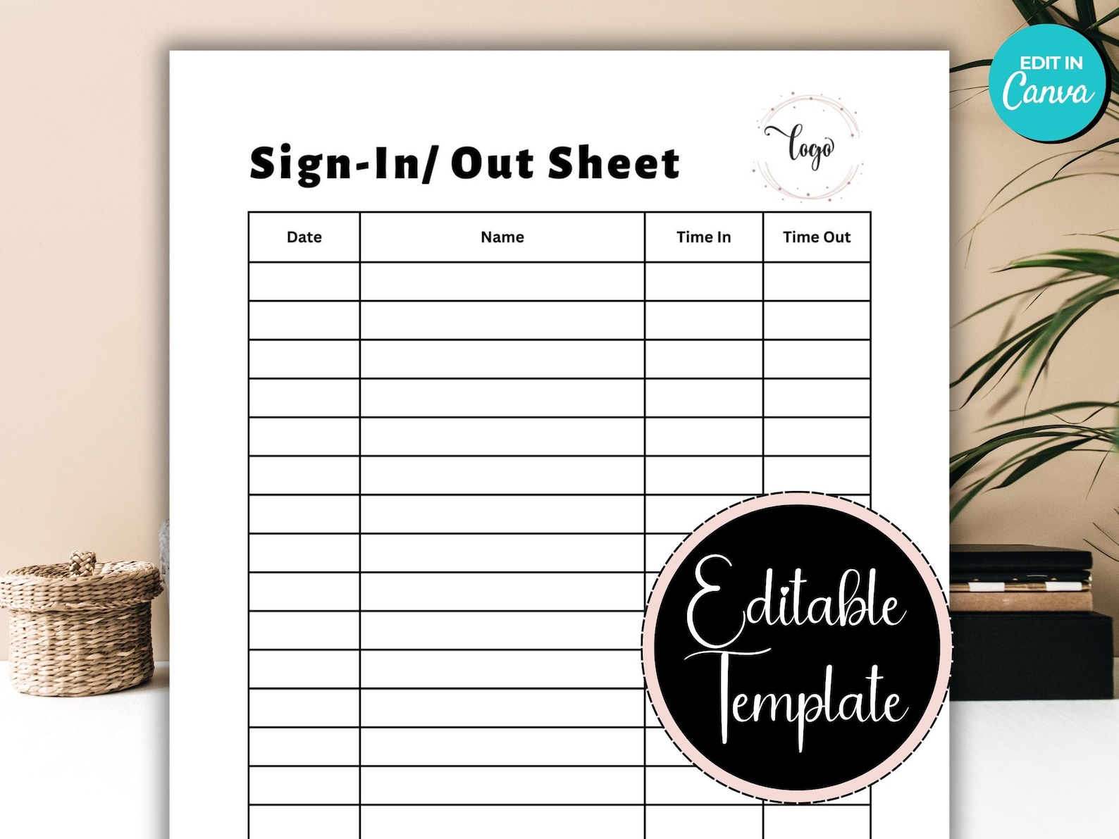 Sign in Sheet With Time, Printable Sign in Template for Front Desk ...