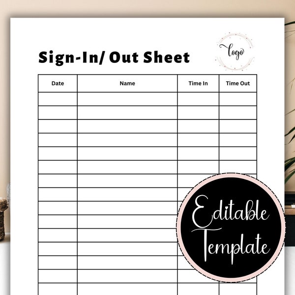 Sign In Sheet with Time, Printable Sign In Template for Front Desk, Editable Check In and Check Out Form, Office Sign In Sheet, In/Out Sheet