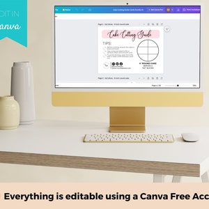 以下が含まれることがあります： ケーキカットガイドのCanvaデザインテンプレートが表示されたコンピューター画面。ガイドには、8つのスライスに分割された丸いケーキが表示され、「Cake Cutting Guide」と「8」round cake serves 8 slices」というテキストがピンクと白のボックスに入っています。「TIPS:」というテキストはピンクのボックスに入っています。「EDIT IN Canva」というテキストは青いボックスに入っています。