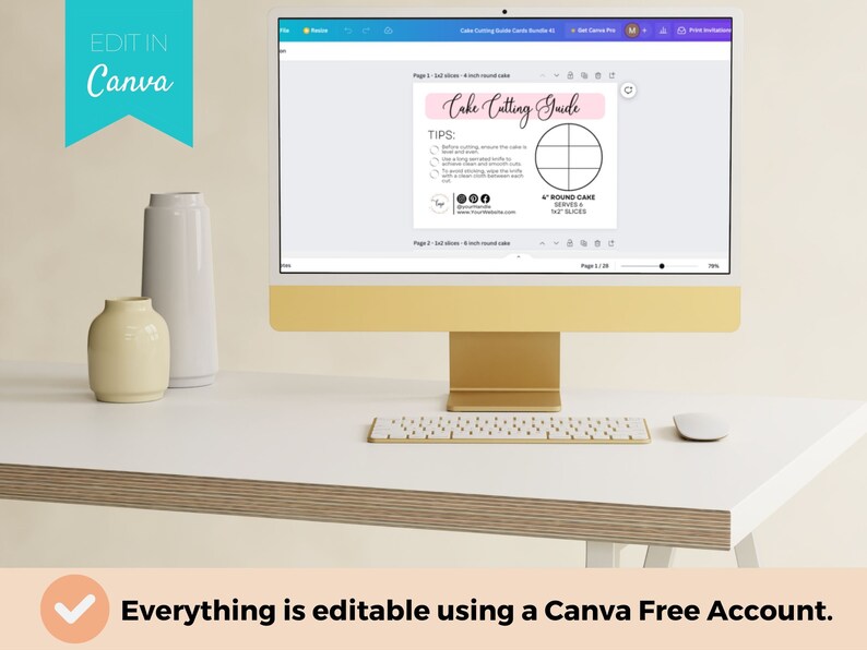 以下が含まれることがあります： ケーキカットガイドのCanvaデザインテンプレートが表示されたコンピューター画面。ガイドには、8つのスライスに分割された丸いケーキが表示され、「Cake Cutting Guide」と「8」round cake serves 8 slices」というテキストがピンクと白のボックスに入っています。「TIPS:」というテキストはピンクのボックスに入っています。「EDIT IN Canva」というテキストは青いボックスに入っています。
