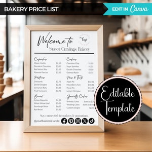 Preisliste Vorlage, Bäckerei Preisliste Vorlage, bearbeitbare Canva Bäckerei Menüvorlage, Preisliste für kleine Unternehmen, kleine Geschäftsschilder
