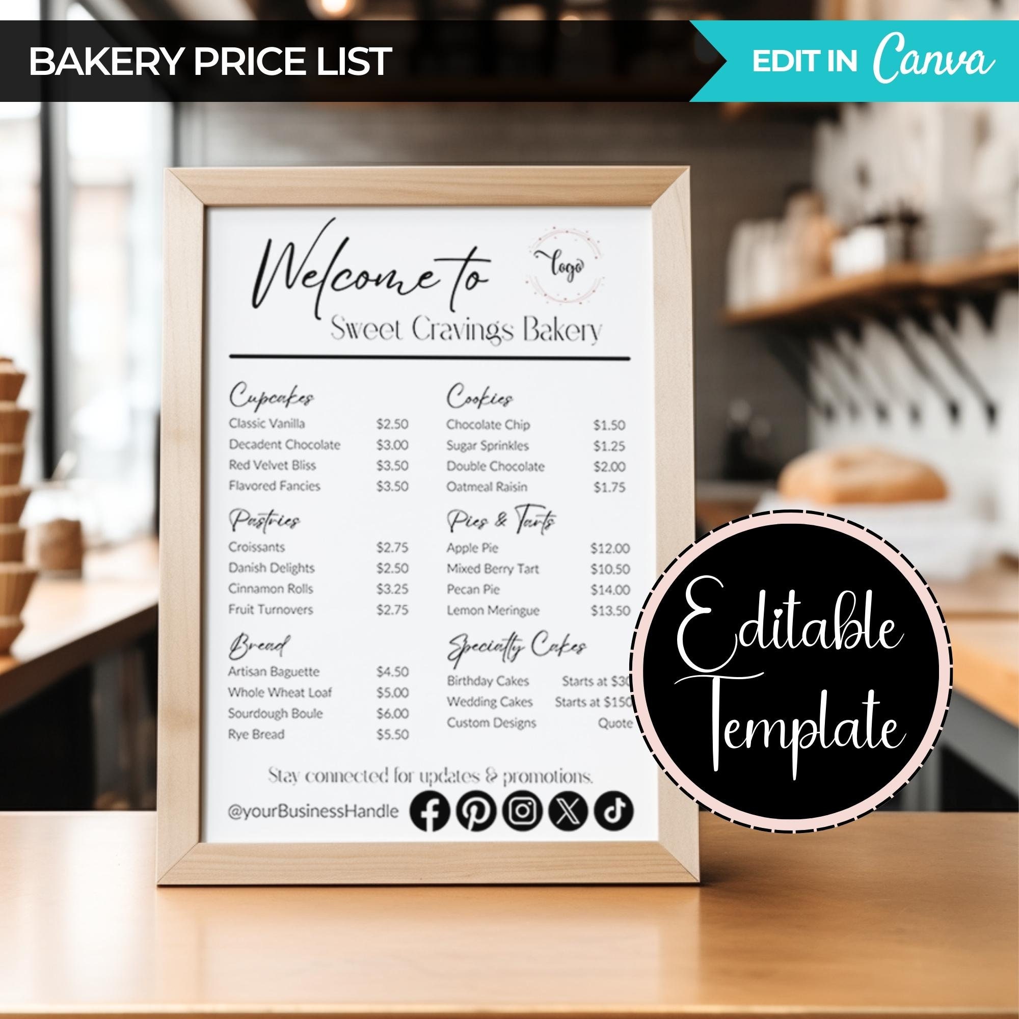 Price List Template, Bakery Price List Template, Editable Canva Bakery