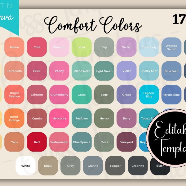 Comfort Colors Color Chart 1717, Editable Color Chart, POD Mockup for Shirts, 1717 Comfort Colors Unisex Color Chart, Tshirt color Guide