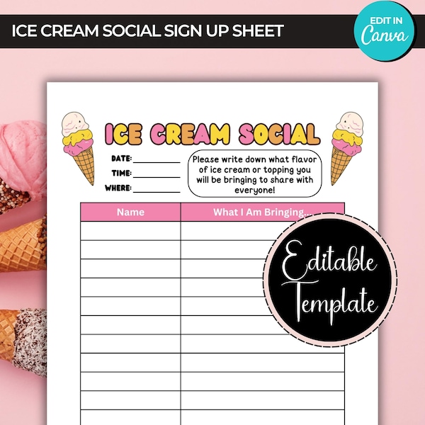 Ice Cream Social Sign Up Sheet, Potluck Sign Up Sheet, Printable Sign Up Template, Food Sign Up Sheets, Holiday Party Sign Up Sheets