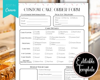 ケーキ注文書テンプレート、ウェディングケーキ注文書、ケーキ用ベーカリー注文書、編集可能なカスタム注文書、印刷可能なケーキ注文書領収書