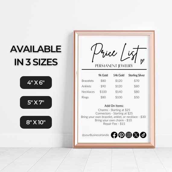 Permanent Jewelry Price List Template Business Sign Editable