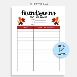Thanksgiving Potluck Sign Up Sheet für Friendsgiving, bearbeitbare Canva-Vorlage, druckbare Potluck Liste, Holiday Party Sign Up Sheets