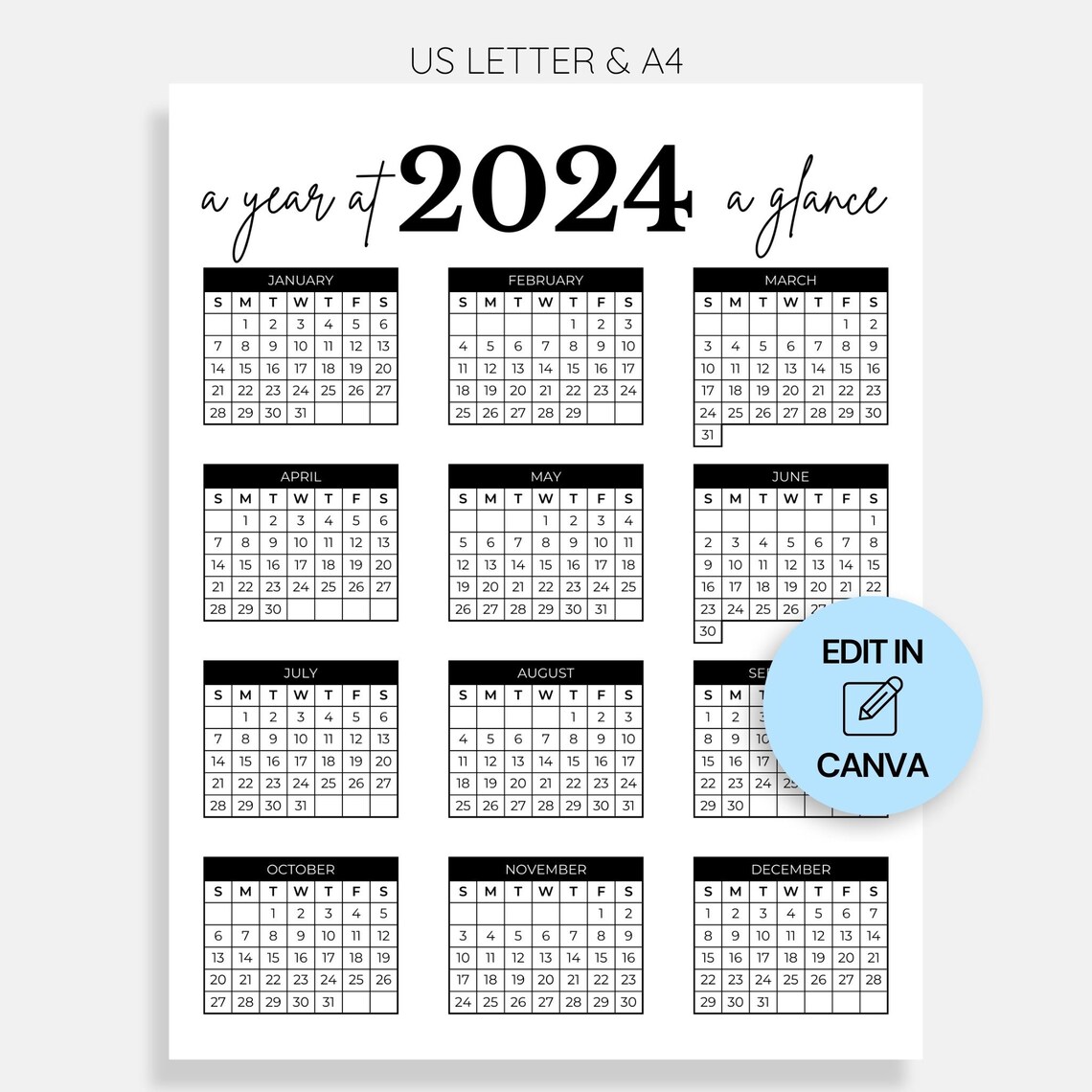 Year at a Glance 2024 Calendar Printable, Editable Yearly Calendar for