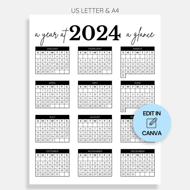 Year at a Glance 2024 Calendar Printable, Editable Yearly Calendar for