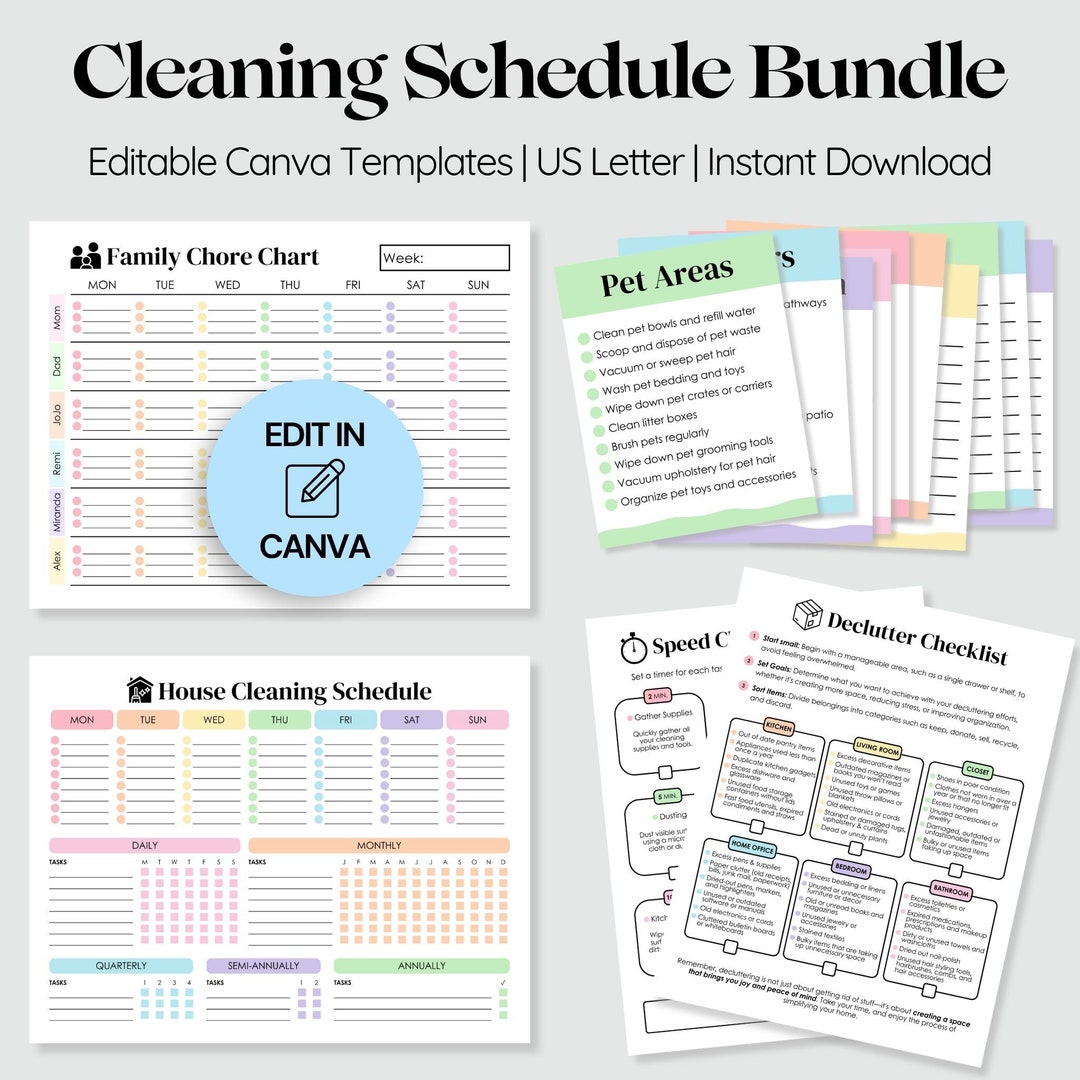 Editable Family Chore Chart Bundle, Cleaning Schedule (canva Templates ...