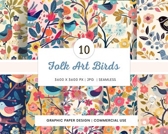 SEAMLESS Digital Paper - Folk Art Birds  - 10 Designs -  - Print On Demand - Scrapbooking - DIY Projects - Design