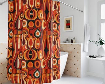 Retro Geometric Shower Curtain: Orange & Red MCM Bathroom Decor