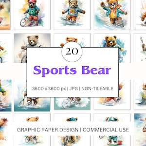 Scrapbook Paper Pack 12x12 |  SPORTS BEARS | 20 Digital Papers | Printable Craft Backgrounds | Instant Download JPG