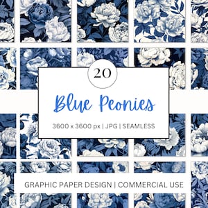 Papel digital SEM EMENDA - Peônias azuis - - 20 designs - - Impressão sob demanda de projetos DIY de scrapbooking - Design