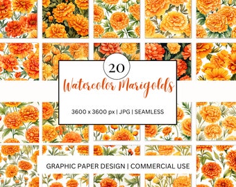 SEAMLESS Digital Paper - Watercolor Marigolds  - 20 Designs -  - Print On Demand  Scrapbooking  DIY Projects - Design