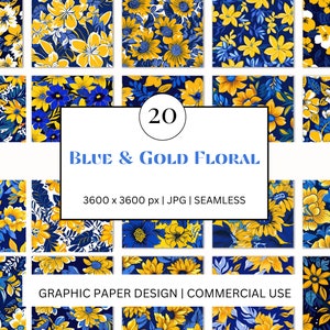 SEAMLESS Digital Paper - Blue & Gold Floral - - 20 Designs -  - Print On Demand Scrapbooking DIY Projects - Design
