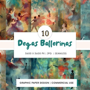 May include: A digital paper pack with 10 seamless patterns featuring watercolor illustrations of ballerinas in various poses. The patterns are in shades of blue, green, red, and yellow. The text "Degas Ballerinas" is written in a teal green font. The text "3600 X 3600 PX | JPG | SEAMLESS" is written in a white font. The text "GRAPHIC PAPER DESIGN | COMMERCIAL USE" is written in a white font.